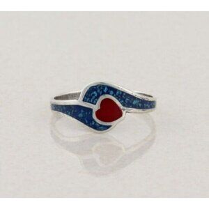 Sterling Silver Turquoise and Coral Heart Ring Size 7 1/2